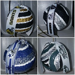 NFL inspired swirl crushed eggshells hand painted  ornaments with coordinating ribbon.