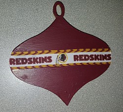 NFL inspired Washington Redskins hand painted wooden ornament with coordinating ribbon.
