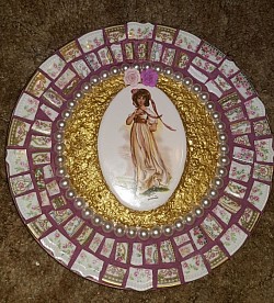 Gold crushed eggshells-mosaic tiles from vintage plates-mauve pink gtout-ceramic oval center accent-vintage pearls