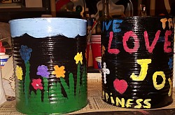 Painted  metal cans.