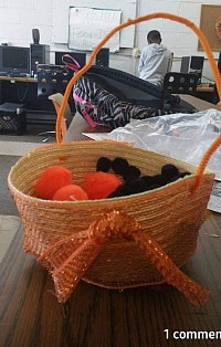 Basket made from top of straw hat.